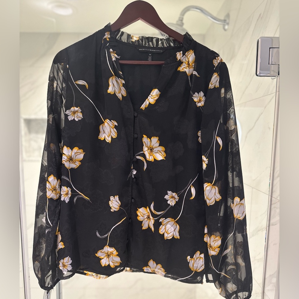 White House Black Market Floral Blouse, black, size 10